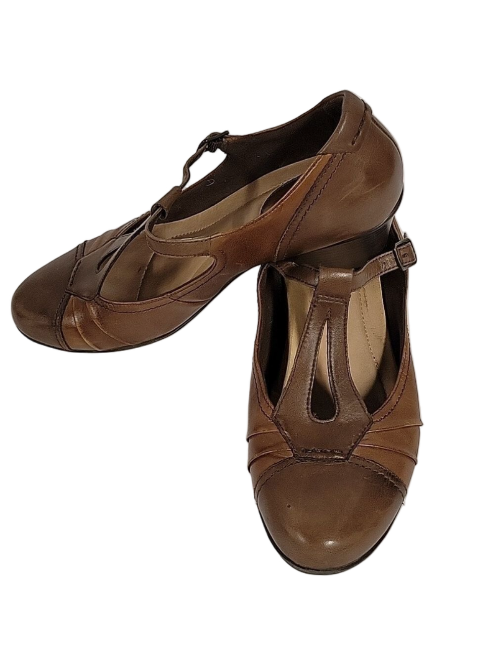 Women's Earth Wanderlust Retro Flapper Light/Dark Brown Leather Heels, Size 12B